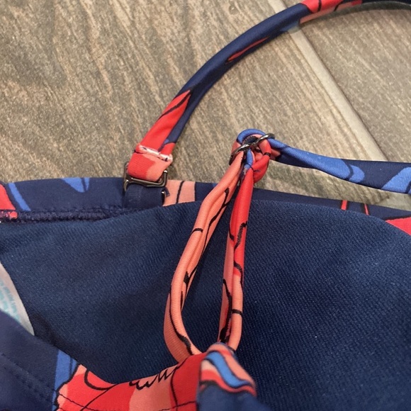 Navy and Coral Floral Convertible Strapless One Piece Swim suit - Picture 10 of 12